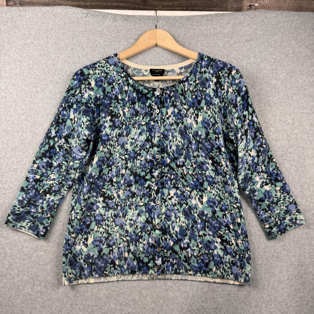 Talbots Cardigan Sweater Womens MP Blue Floral Pure 100%‎ Cashmere Crew Neck